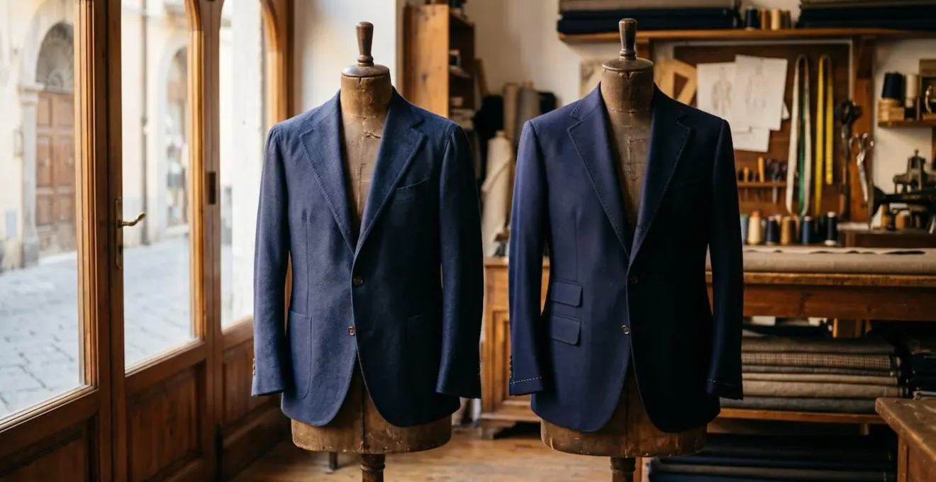 Confronto visivo tra giacca con spalla napoletana morbida e spalla strutturata per fisico robusto