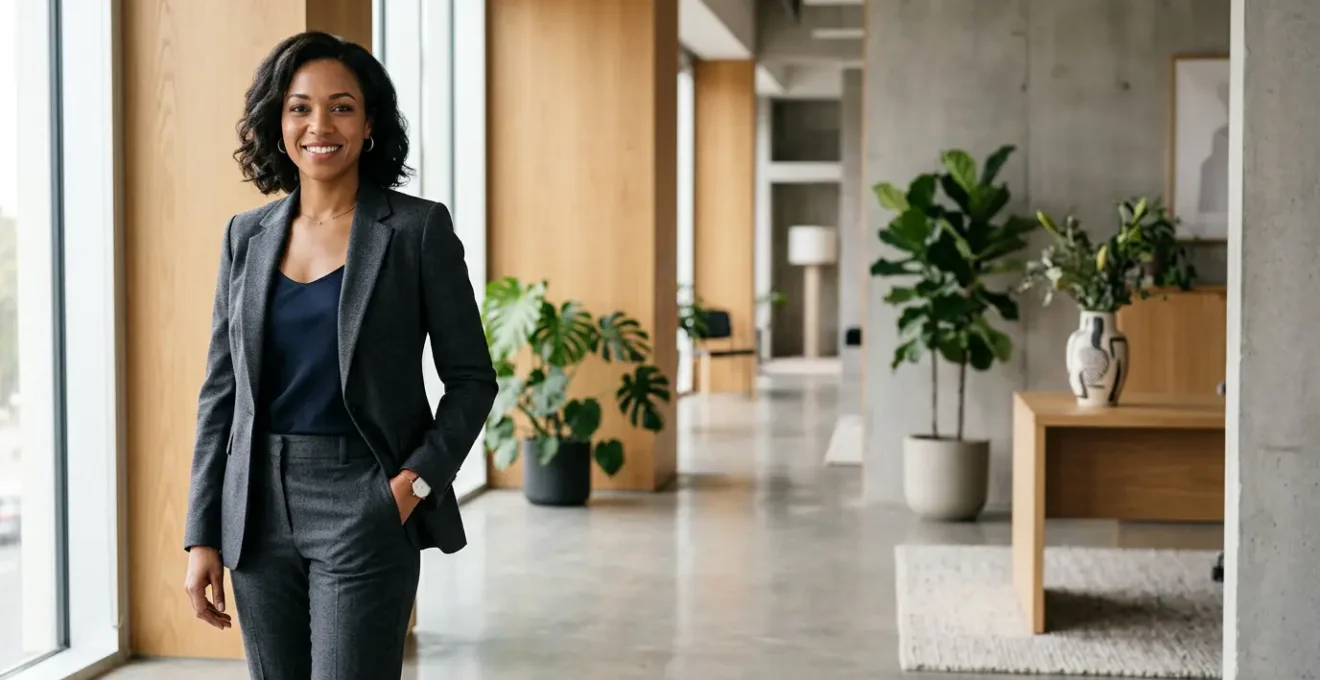 Donna elegante in tailleur professionale durante un colloquio in ambiente creativo moderno