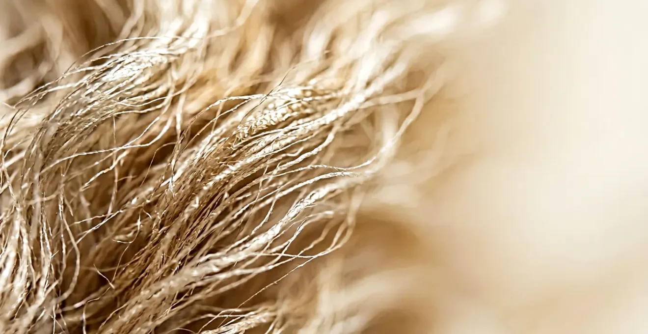 Dettaglio macro di fibre di tessuto prezioso con texture naturale e lucentezza setosa