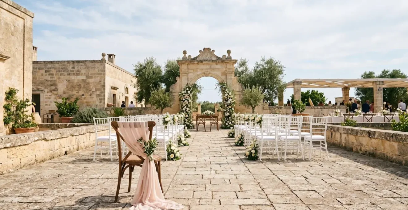 Ambiente elegante per cerimonia diurna che mostra il contesto per abiti lunghi in location raffinata