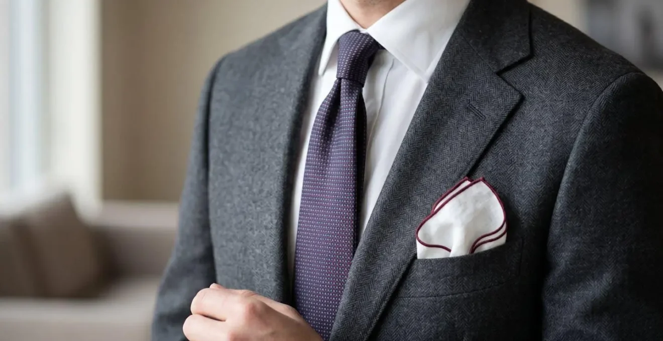 Composizione elegante di accessori business formali con cravatta e pochette in tessuti complementari