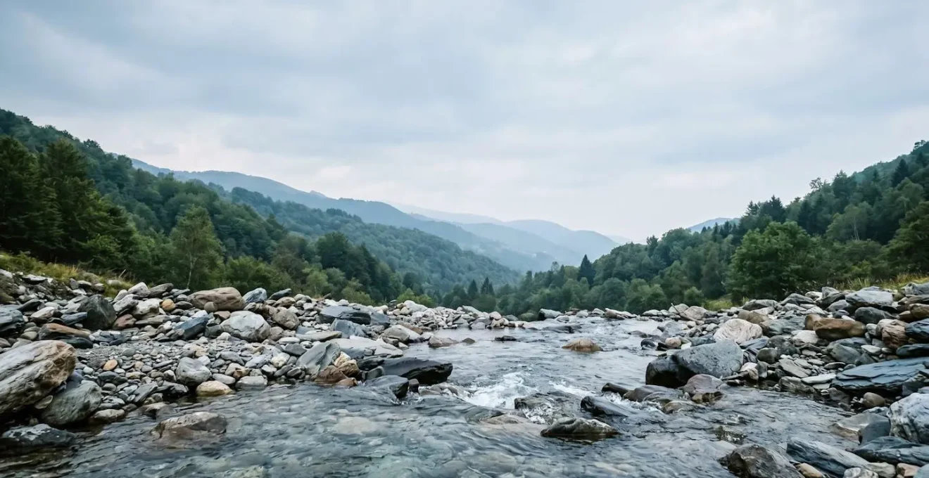 Scorcio minimalista di un corso d'acqua prealpino in un paesaggio montano del biellese, evocando il legame tra territorio e tradizione tessile