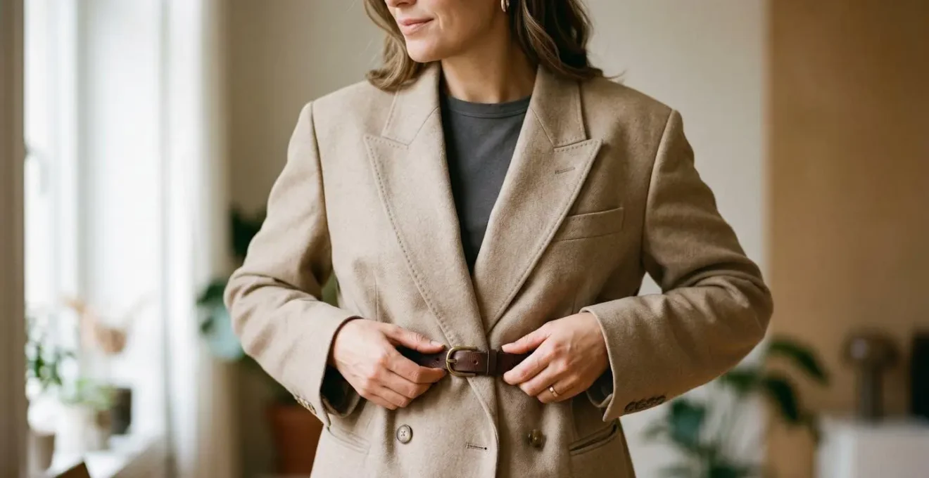 Blazer oversize con cintura che definisce il punto vita creando proporzioni equilibrate