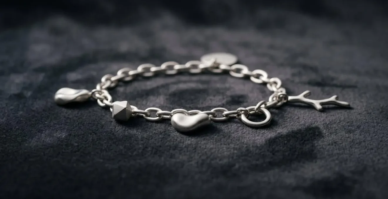 Bracciale componibile elegante con ciondoli significativi e spazi vuoti intenzionali che simboleggiano il potenziale futuro