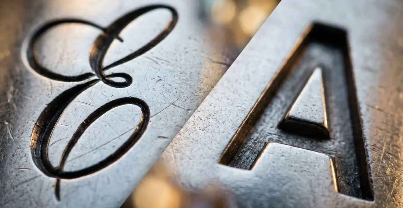 Dettaglio macro di lettere incise su metallo che mostra la differenza strutturale tra corsivo e stampatello
