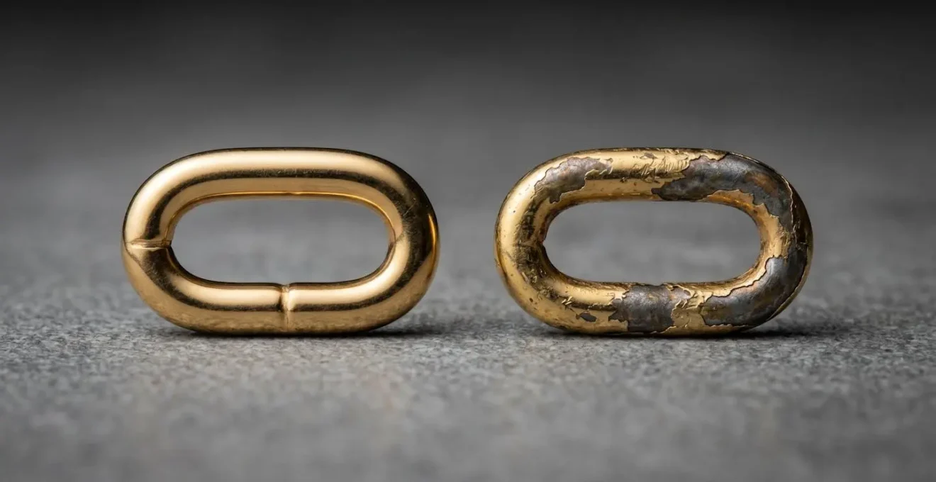 Macro fotografico che mostra la differenza di usura tra un gioiello in oro massiccio e uno placcato con dettagli di superficie