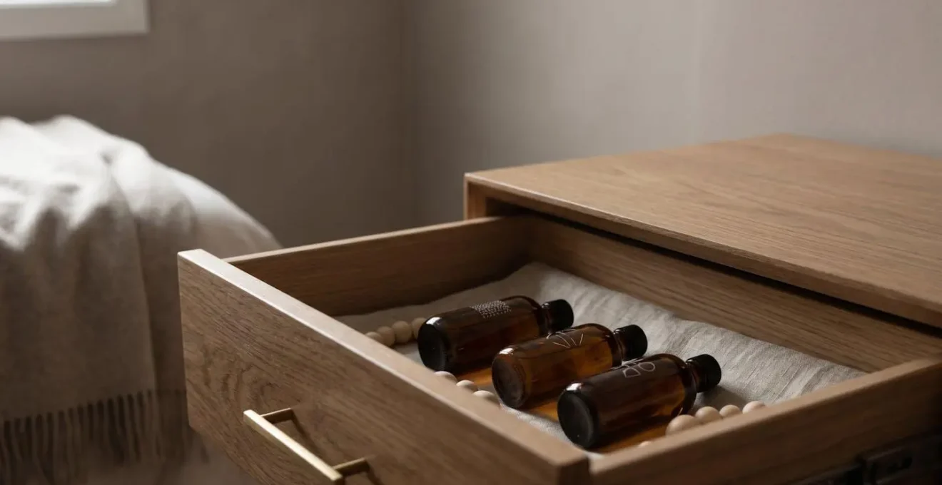 Bottiglie di vetro ambrato di oli per capelli in cassetto fresco e buio con luce naturale soffusa