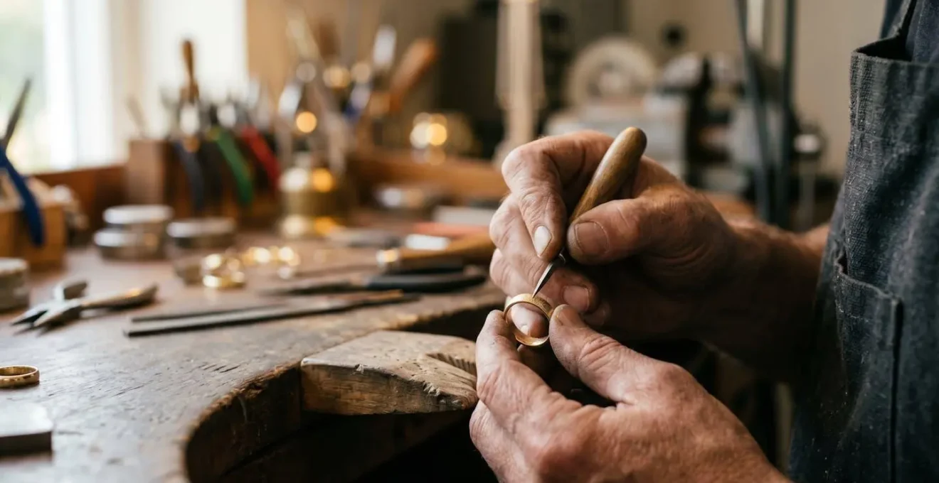 Rappresentazione artistica di mani di artigiano che lavorano con precisione su una fede nuziale, enfasi sulla cura nei dettagli