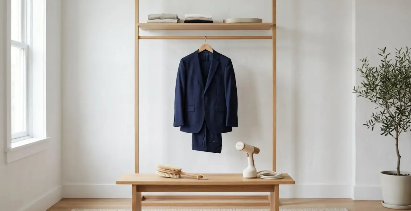 Setup minimalista per la cura quotidiana dell'abito con accessori di manutenzione