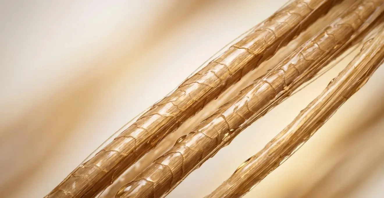 Macro estremo di cuticole di capelli fini sigillate da film protettivo di olio vegetale leggero