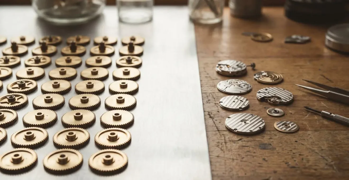 Dettaglio ravvicinato di componenti di movimenti orologieri industriali e di manifattura