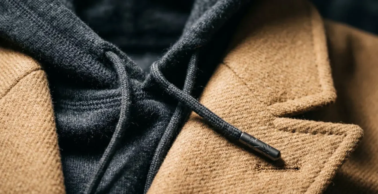 Dettaglio di stratificazione di abbigliamento con felpa di qualità sotto cappotto strutturato