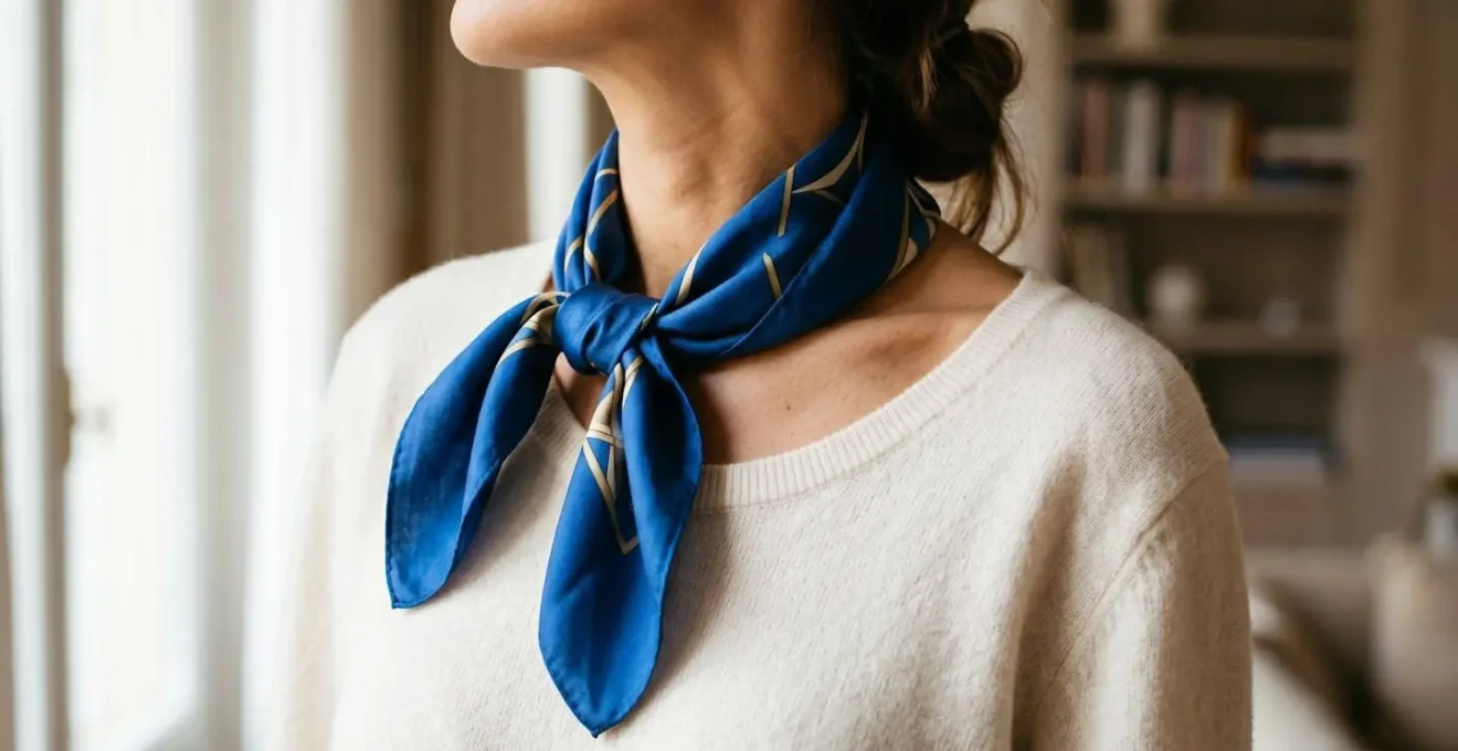 Foulard di seta annodato con morbidezza e nonchalance per look moderno ed elegante