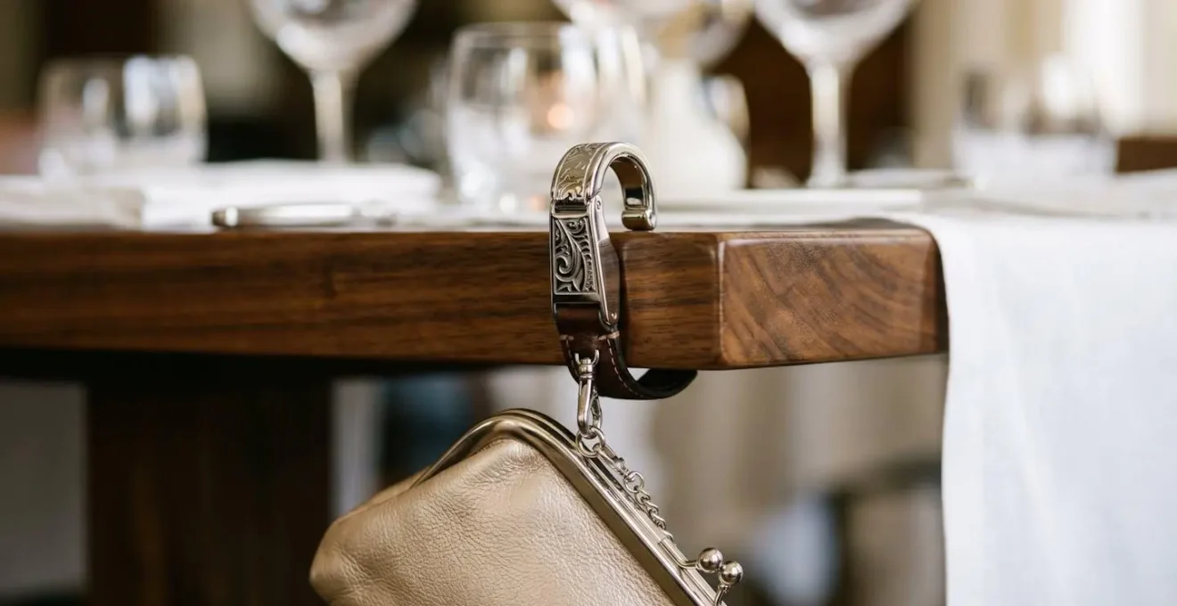 Accessorio gancio da borsa elegante appeso al tavolo di un ricevimento per proteggere la clutch