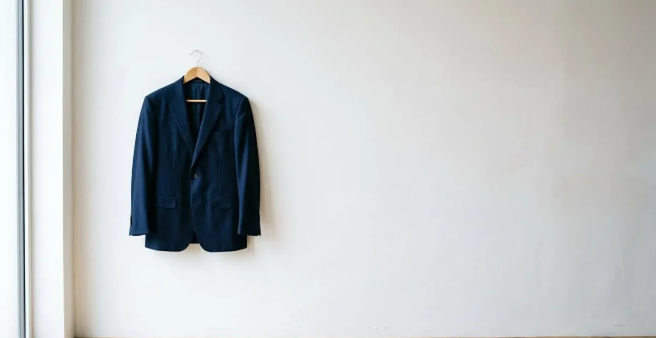 Giacca blu navy appesa che mostra versatilità per abbinamenti spezzati
