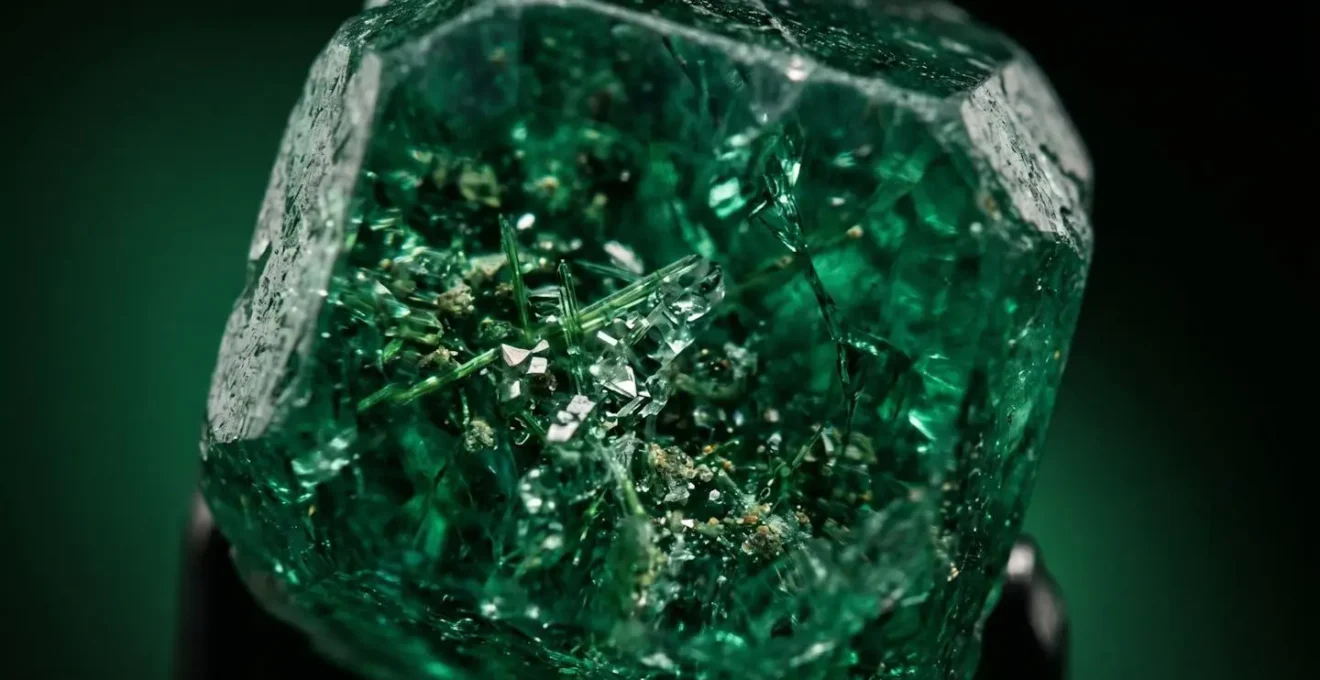 Dettaglio macro delle inclusioni naturali all'interno di uno smeraldo che creano il caratteristico effetto giardino
