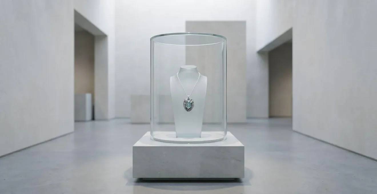 Composizione minimalista con gioiello d'artista e elementi che evocano protezione e valore