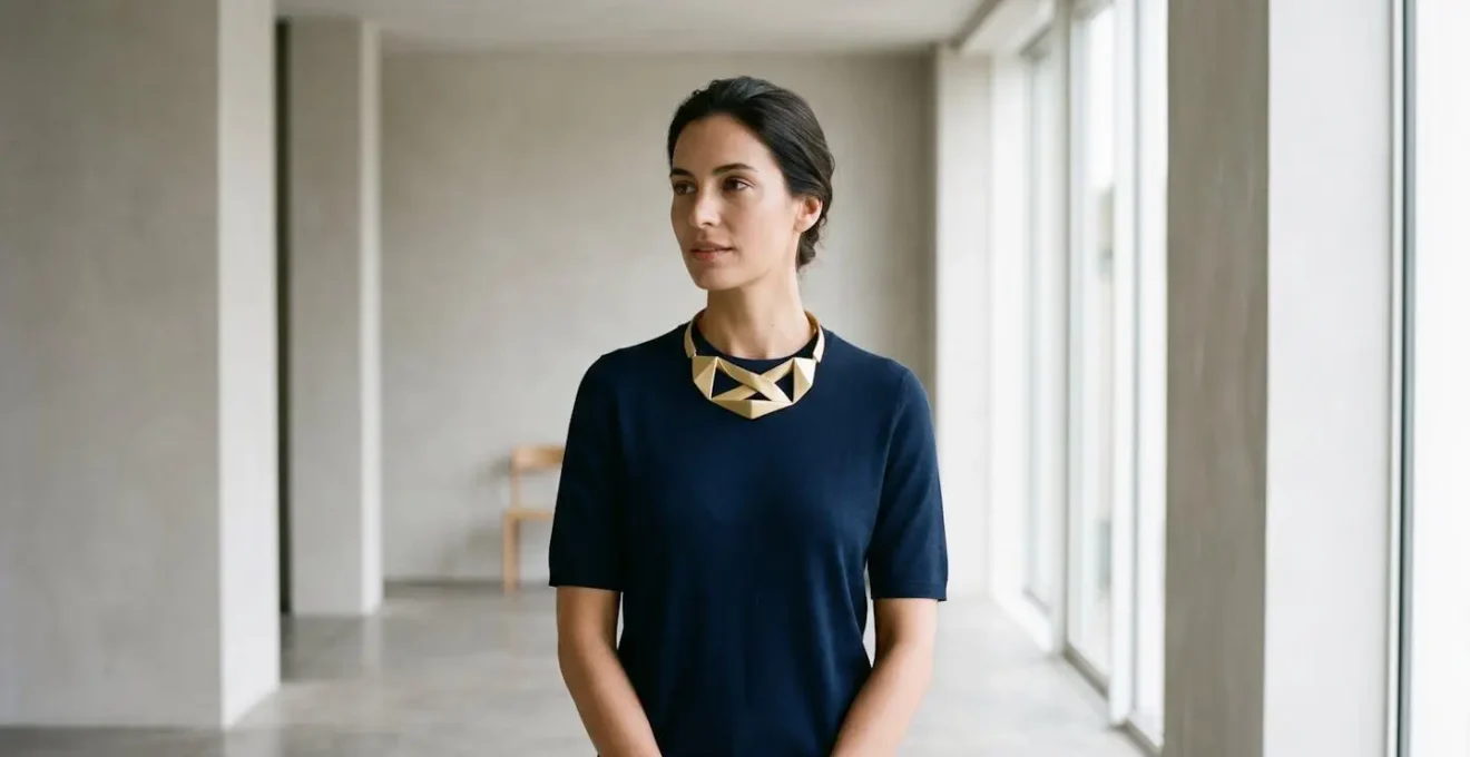 Girocollo statement su outfit minimalista che dimostra l'equilibrio visivo perfetto tra gioiello importante e abbigliamento sobrio
