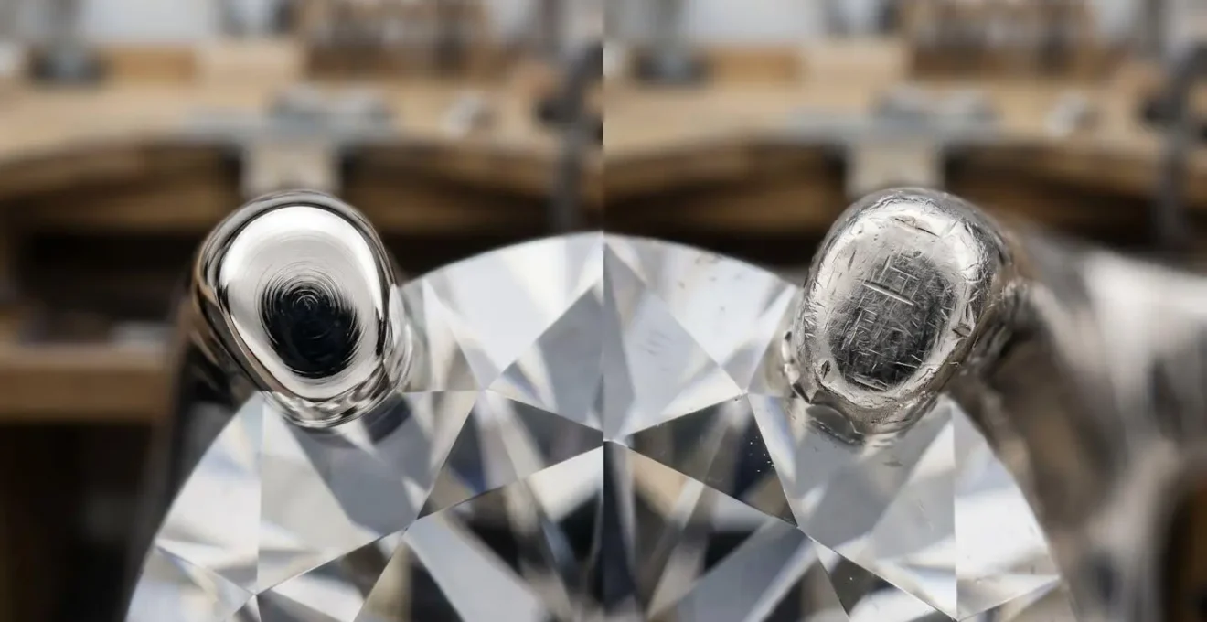 Macro estremo di griffe per diamanti con diverse finiture delle punte che mostrano differenze tra punta arrotondata e punta usurata