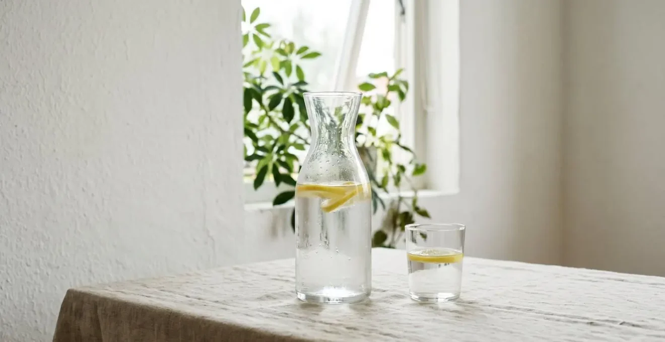 Composizione minimalista con acqua fresca cristallina in ambiente naturale che evoca idratazione e purezza