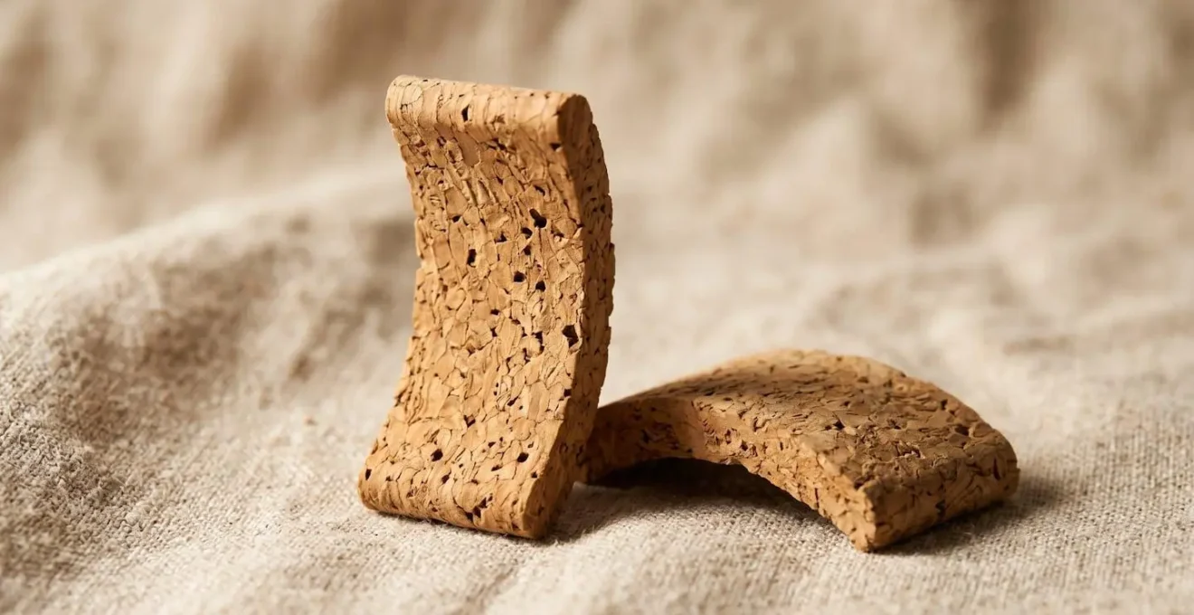 Dettaglio macro di inserti riduttori in sughero per cappelli con texture naturale del materiale