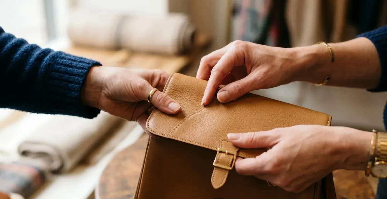 Primo piano di mani che esaminano con cura i dettagli di qualità di un accessorio di lusso