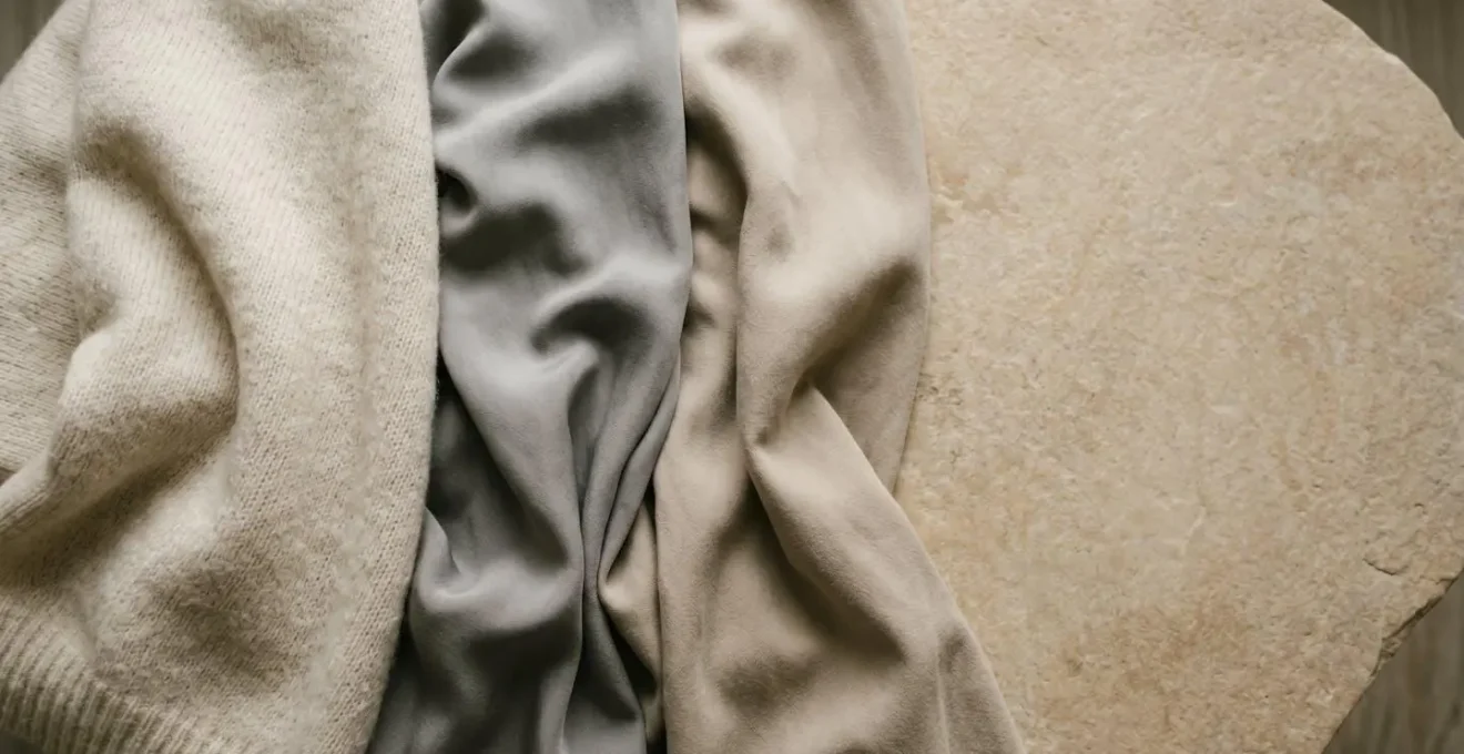 Campioni di tessuti di lusso alternativo disposti con eleganza: lana merino, cupro e tencel lyocell