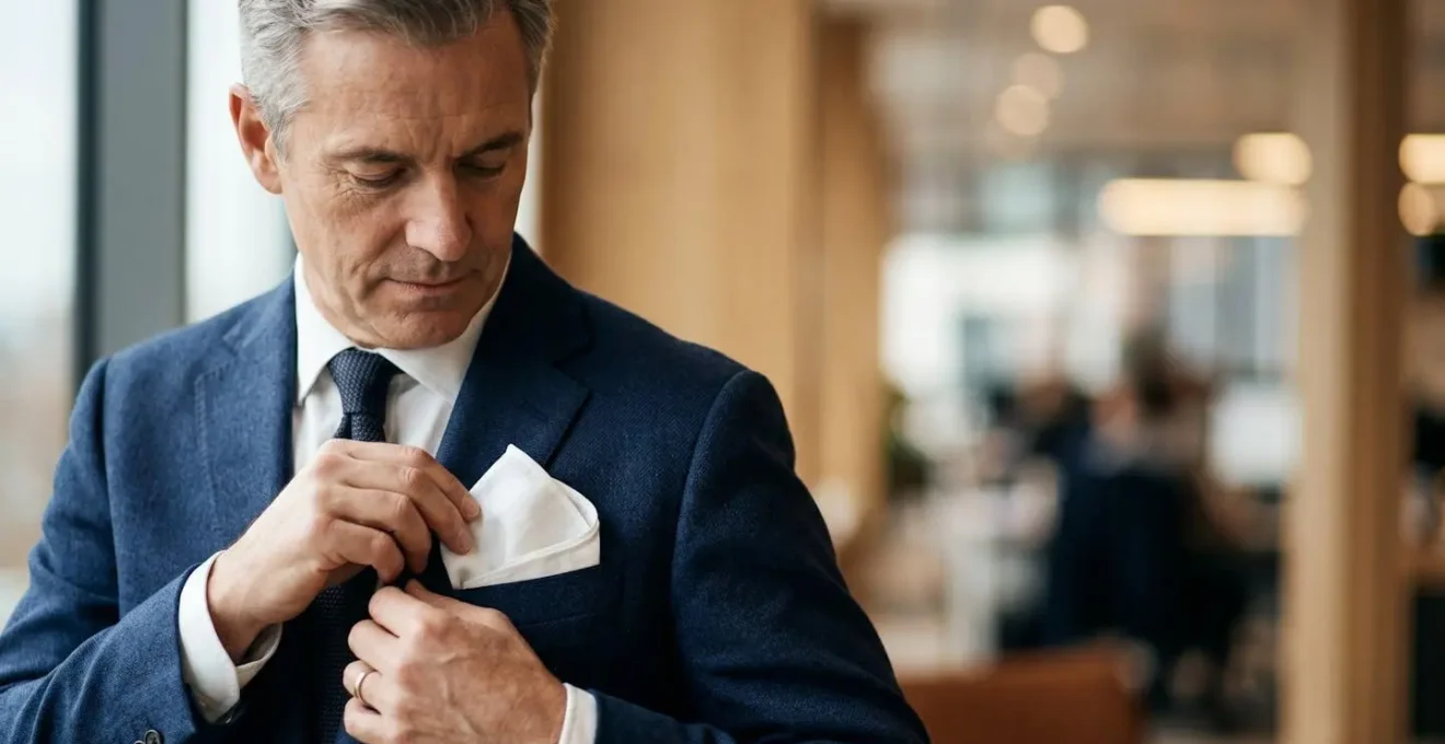 Primo piano di pochette bianca con piega presidenziale nel taschino di giacca blu scuro