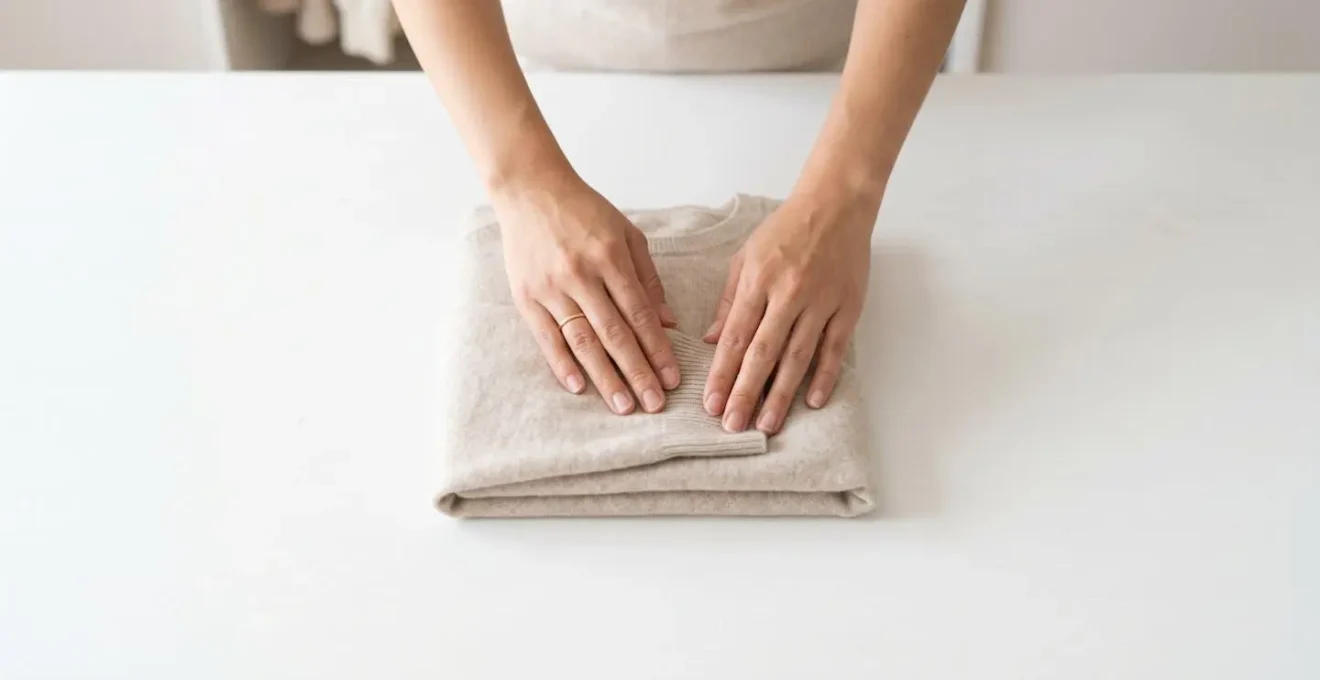 Tecnica di piegatura verticale di un maglione in lana su superficie piana con mani che eseguono il metodo KonMari
