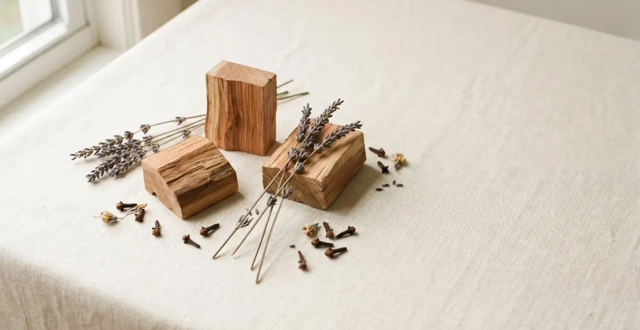 Composizione minimalista di elementi naturali anti-tarme con legno di cedro e lavanda essiccata