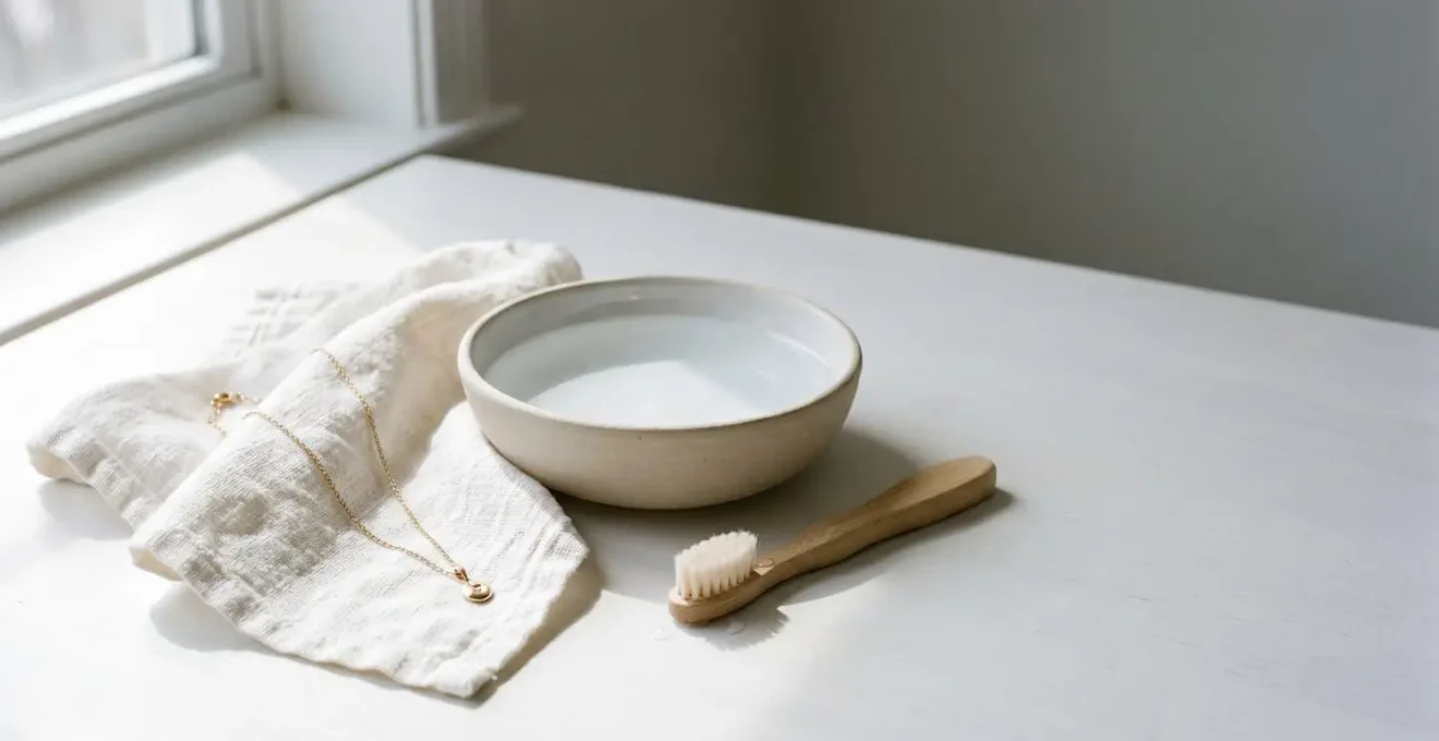 Scena minimalista che mostra strumenti per la pulizia sicura dei gioielli con acqua e spazzolino morbido