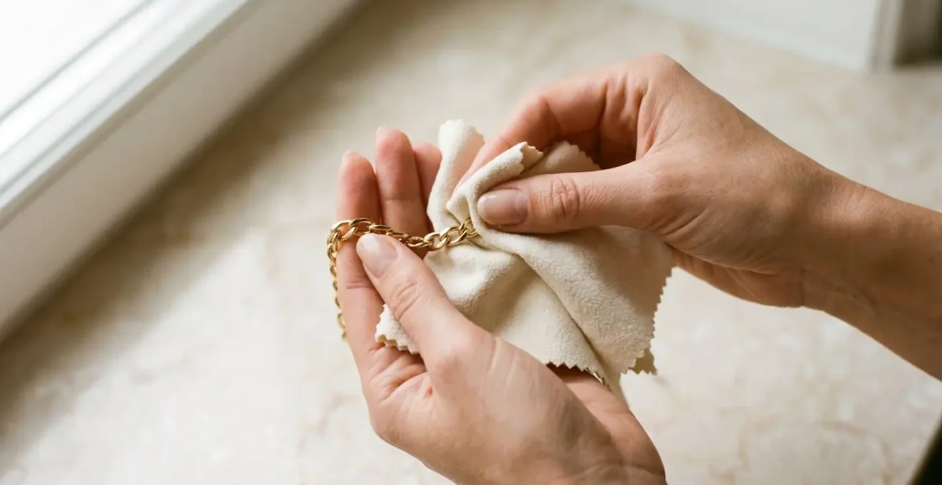 Primo piano di mani che puliscono delicatamente un gioiello in oro con panno in microfibra su sfondo neutro