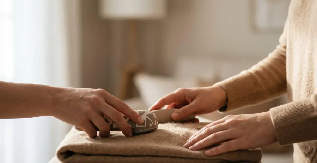 Mani che utilizzano delicatamente uno strumento levapelucchi su un maglione in cashmere color neutro