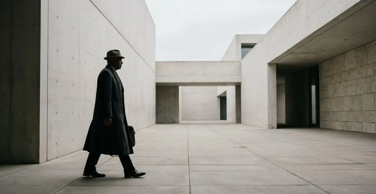 Silhouette di uomo elegante con cappotto lungo fino al ginocchio contro sfondo urbano minimalista