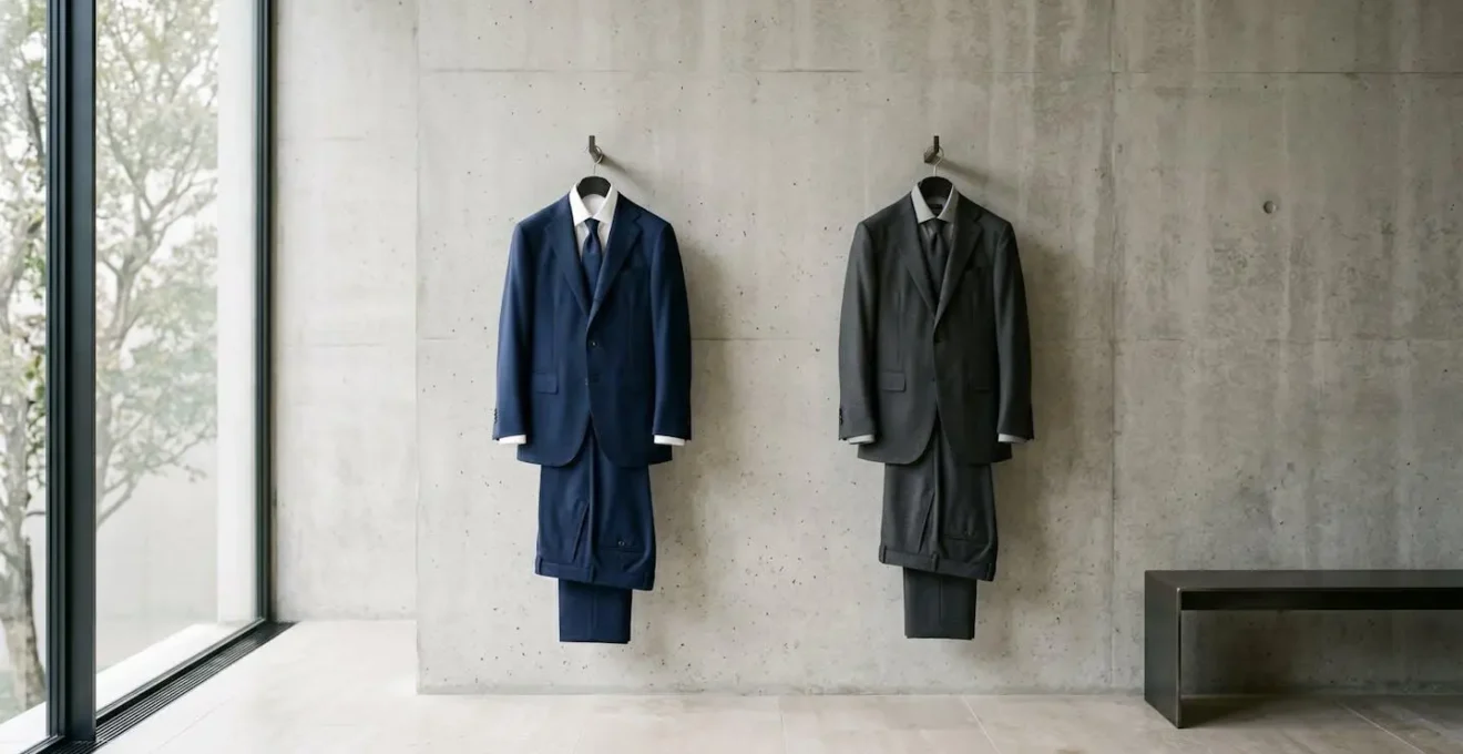 Composizione minimalista che confronta tailleur blu navy e grigio antracite in ambiente professionale