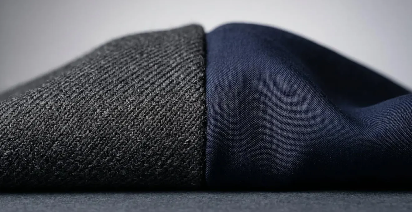 Dettaglio macro delle texture di tessuti in lana e viscosa per abbigliamento professionale