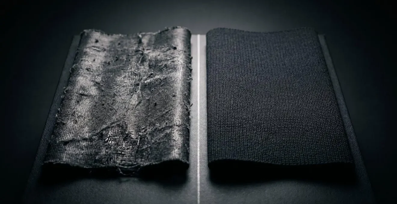 Dettaglio della costruzione double-knit di un tessuto tecnico nero opaco e resistente