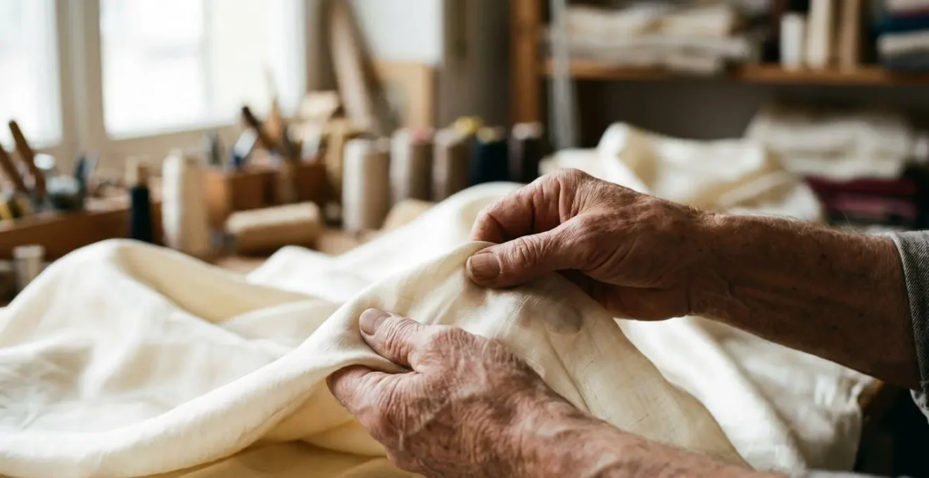 Mani di un artigiano che testa la qualità della seta attraverso il tatto