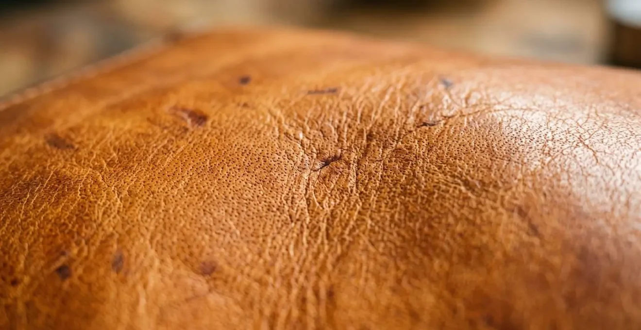 Macro dettaglio della texture naturale del cuoio toscano conciato al vegetale con patina sviluppata nel tempo