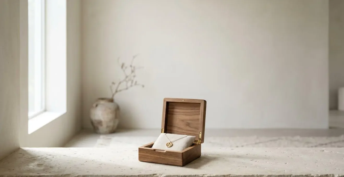 Ambiente minimalista con luce naturale che illumina cofanetto aperto contenente gioiello artigianale su superficie neutra
