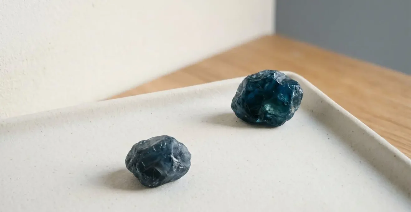 Composizione minimalista di gemme di zaffiro che riflettono la luce in modo diverso, enfasi sulla qualità cromatica e brillantezza naturale